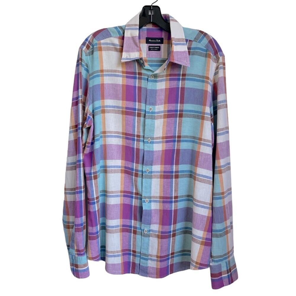 Men's Massimo Dutti Purple Madras‎ Plaid Long Sleeve Button Down Casual Shirt L